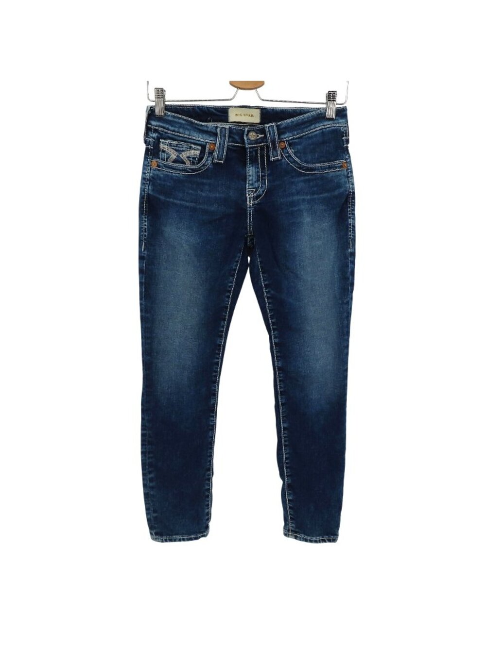 Big Star Women 26 Cropped Blue Denim Jeans White Embroidered Pockets Seams Crop